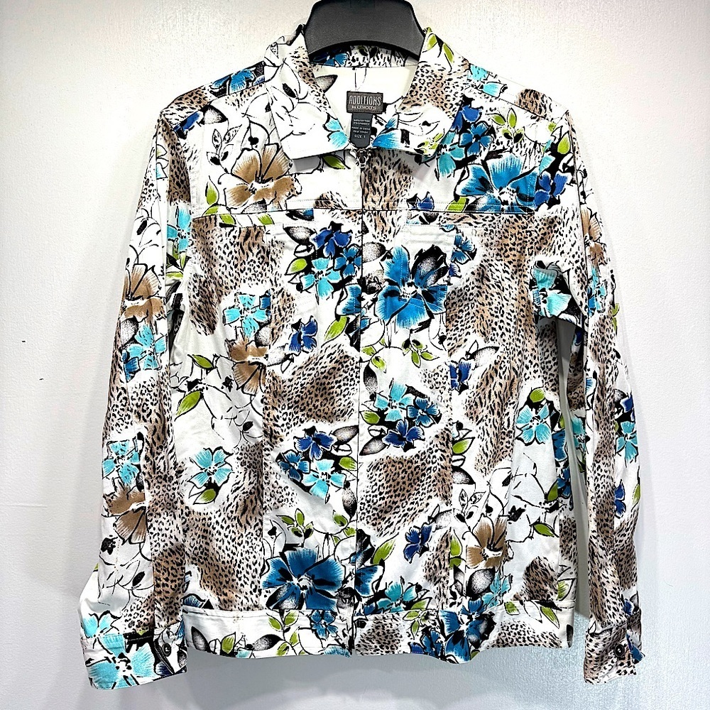 Chico’s Additions Leopard Print & Tropical Floral Zip Front Long Sleeve Jacket